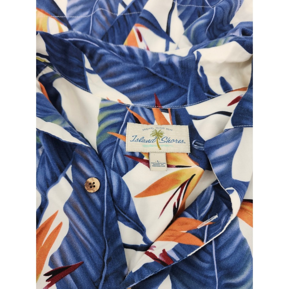 Island Shores Mens Large Blue Orange Bird of Paradise Rayon Hawaiian Camp Shirt - Picture 3 of 5